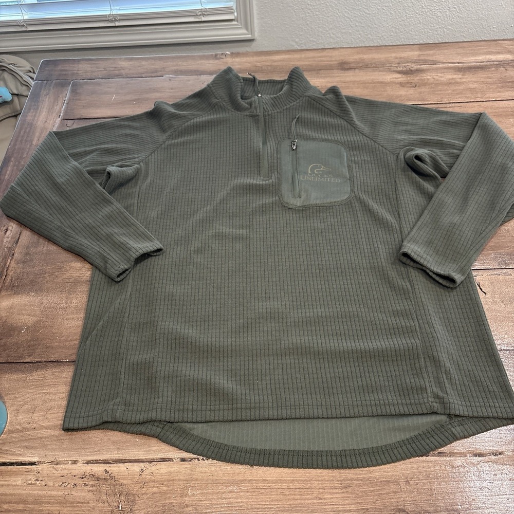 Ducks Unlimited 1/4 Zip Pullover Fleece Sweater Pocket Logo‎ Army Green Men's XL